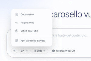 Pulsante/menu per la scelta della tipologia di fonte da cui generare il carosello