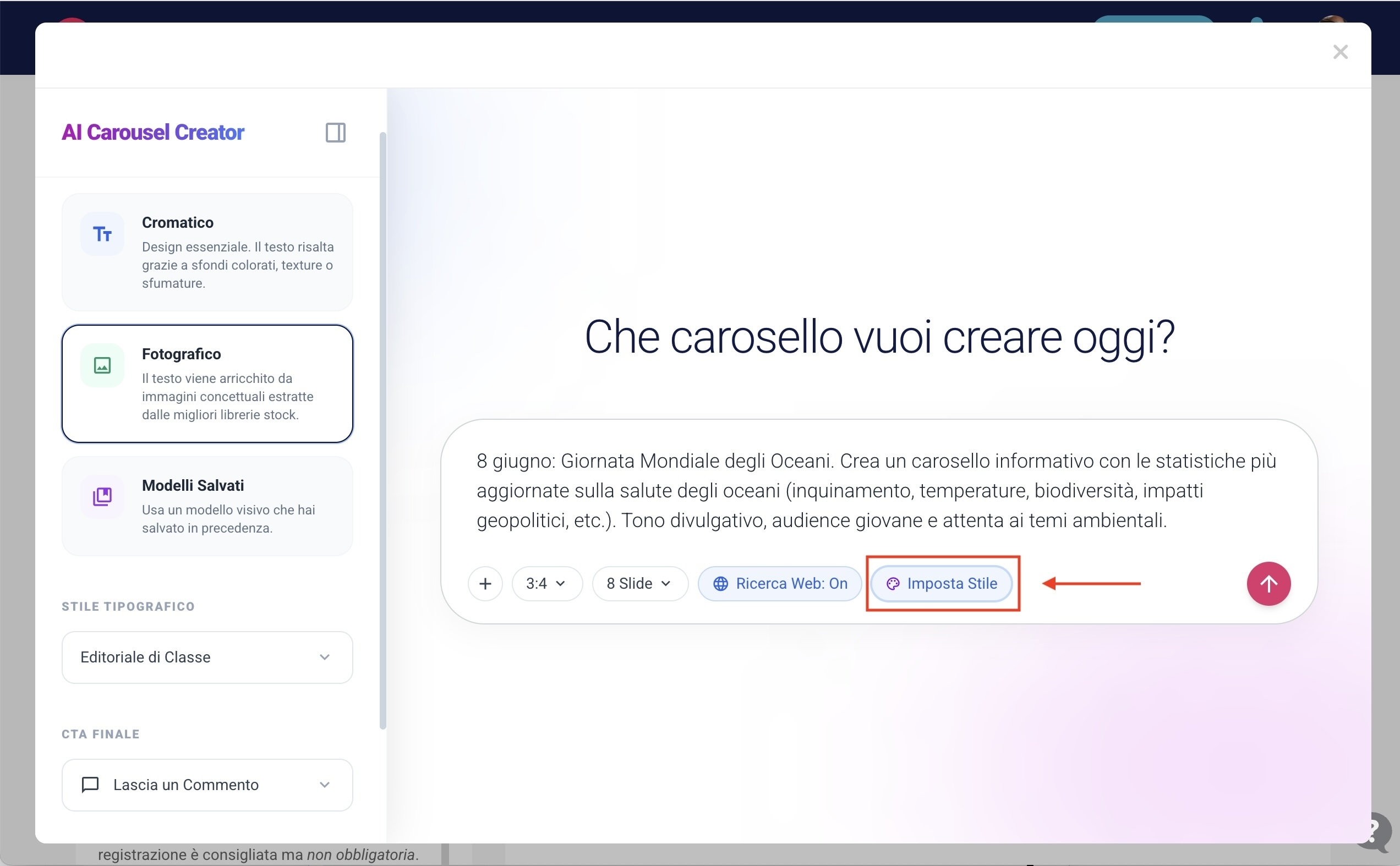 Setup iniziale: schermata con il pannello di impostazione dello stile delle slide