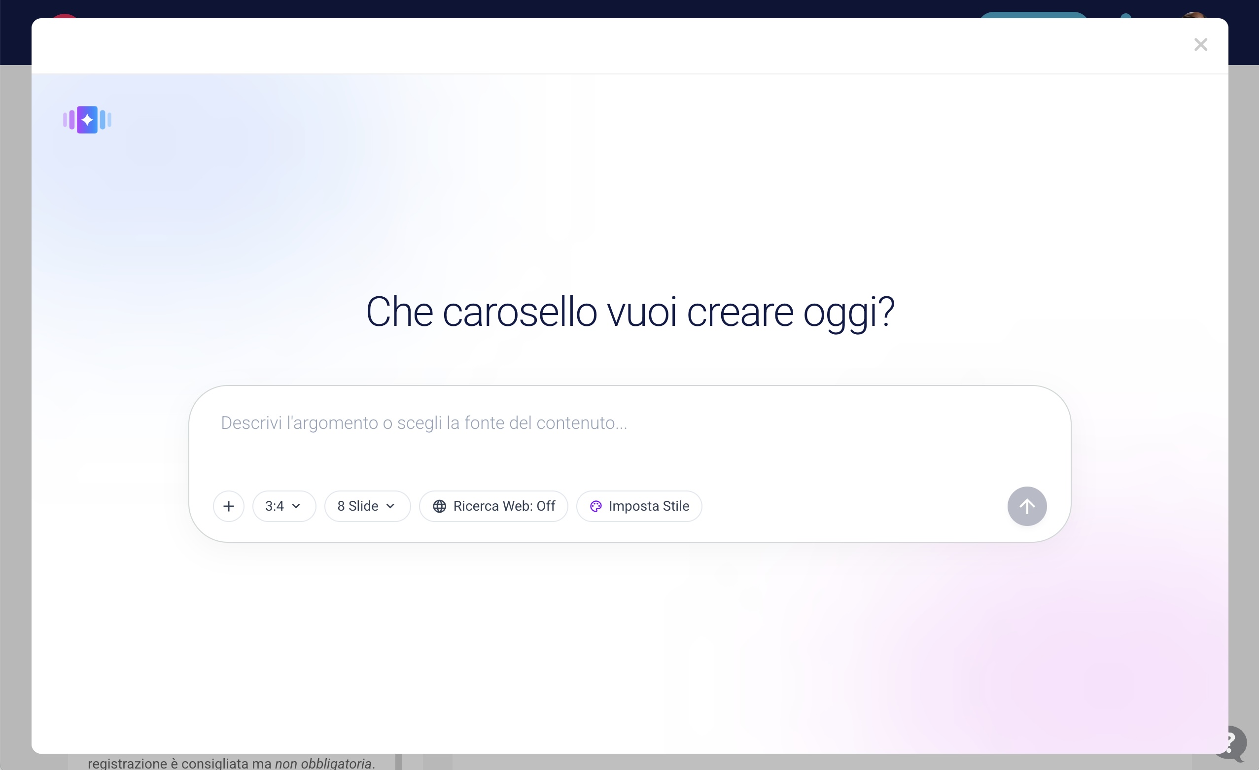 La schermata iniziale di AI Carousel Creator