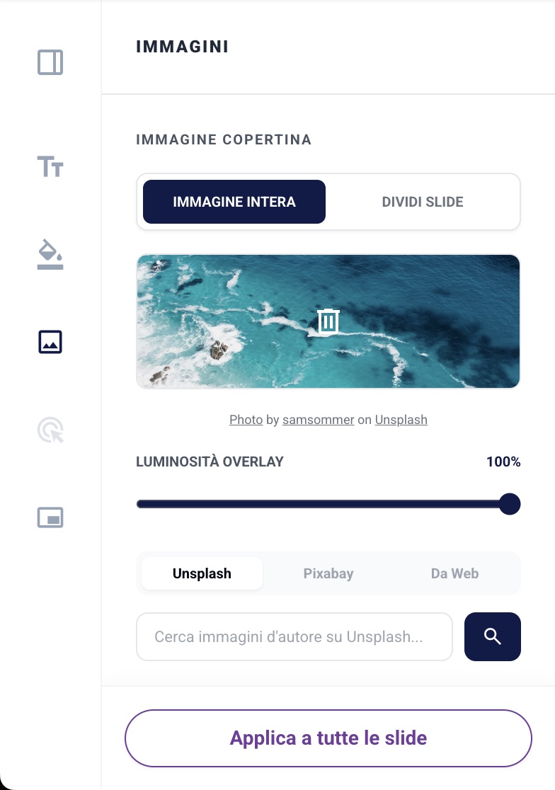 La sezione "Immagini" della sidebar delle impostazioni