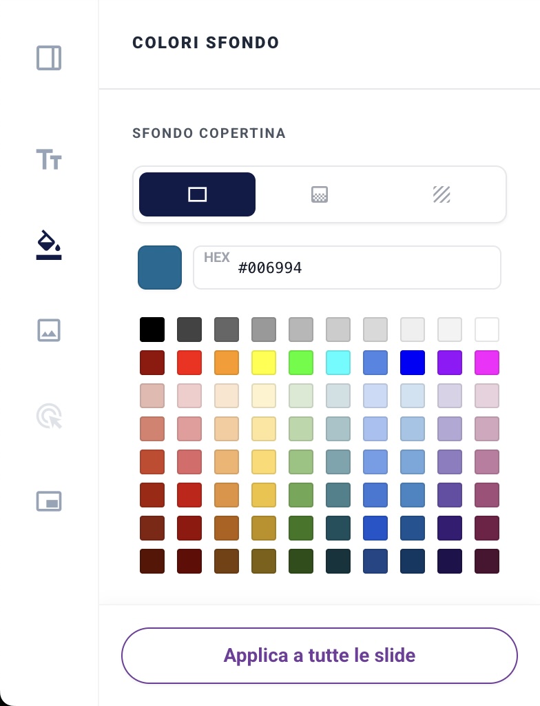 La sezione "Colore sfondo" della sidebar delle impostazioni