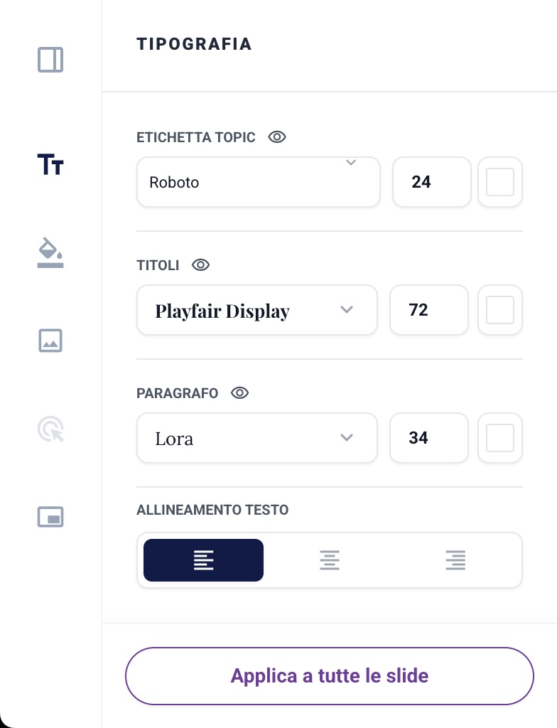 La sezione "Tipografia" della sidebar delle impostazioni