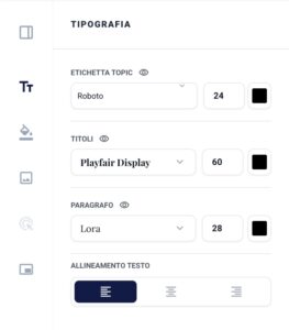 La sezione "Tipografia" della sidebar delle impostazioni