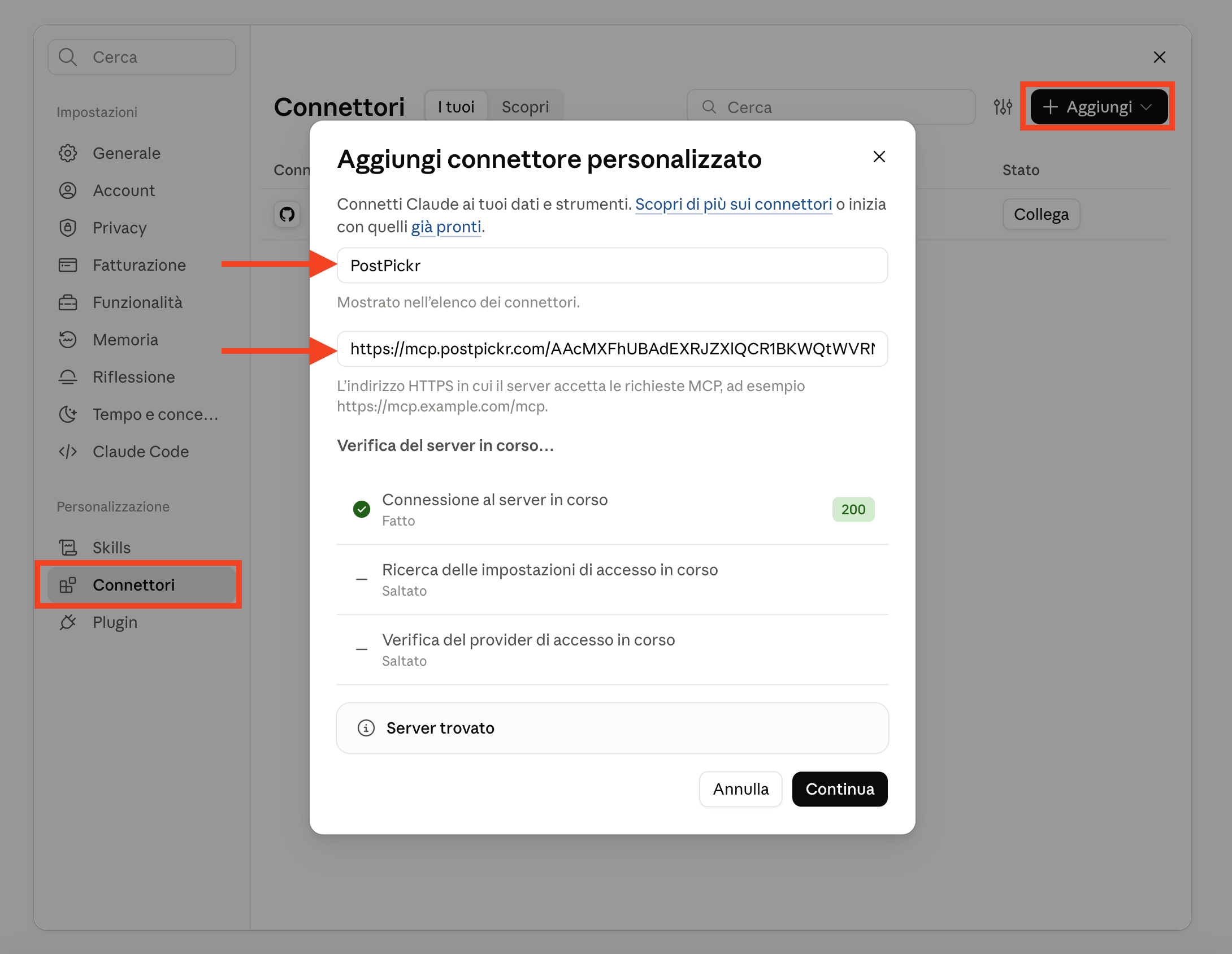 Finestra delle mpostazioni di Claude per aggiungere un connettore MCP personalizzato