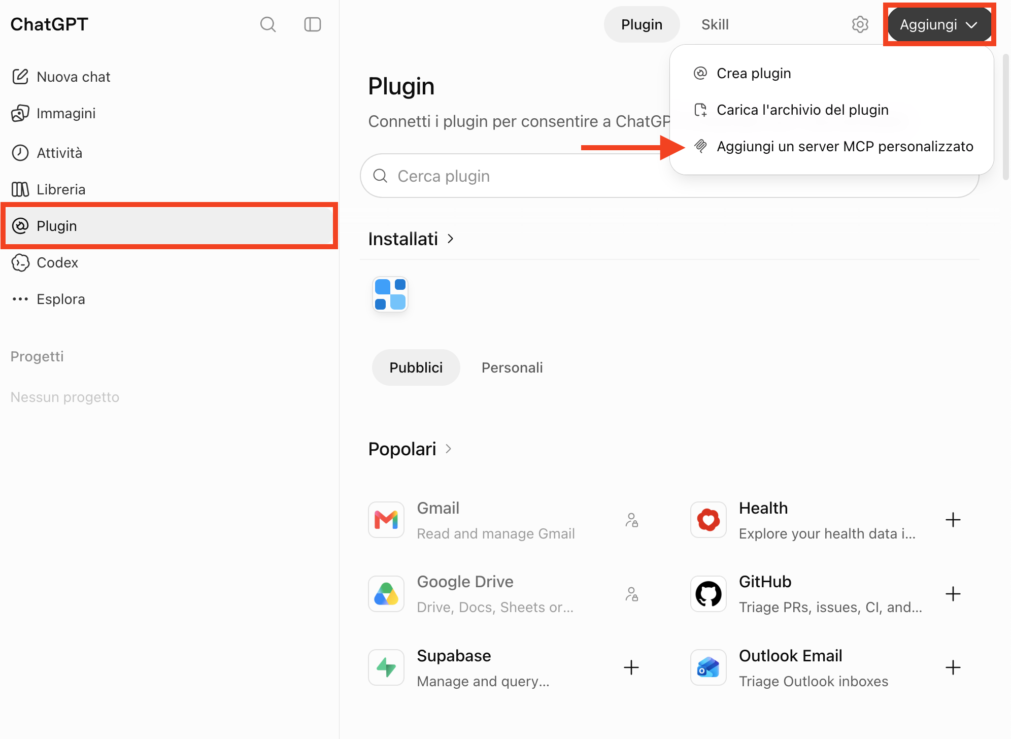 Finestra impostazioni chatGPT per installazione connettore MCP