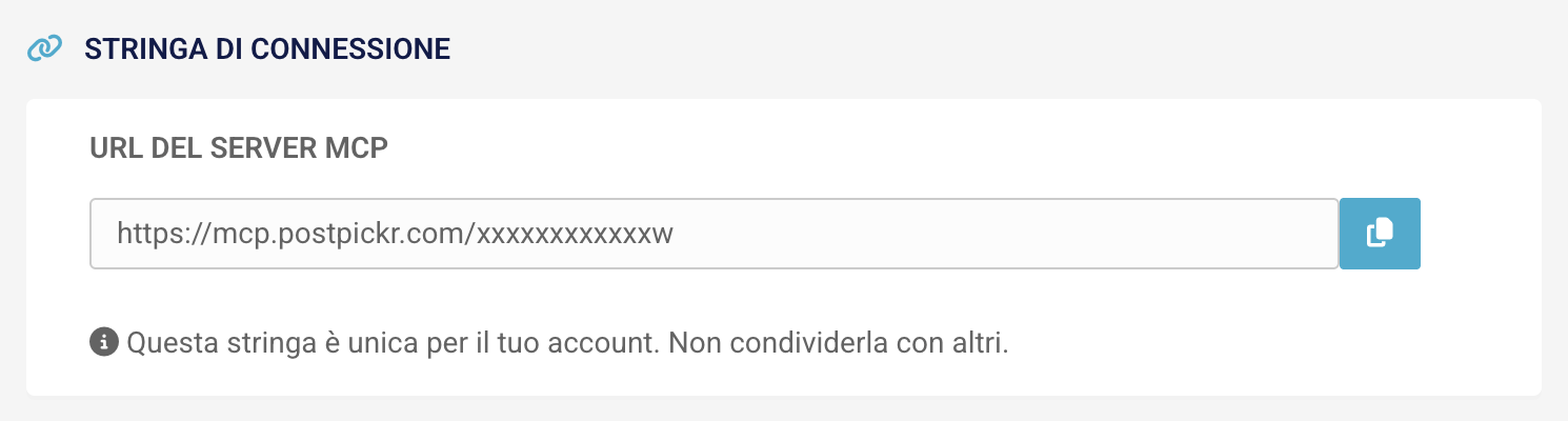 Schermata della stringa di connessione PostPickr con l'URL del server MCP personale da copiare