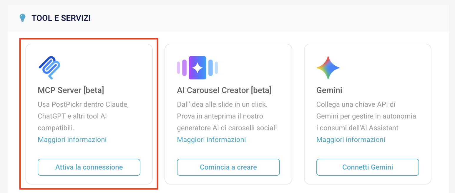 Dashboard PostPickr, sezione Tool e servizi con il riquadro MCP Server [beta] evidenziato